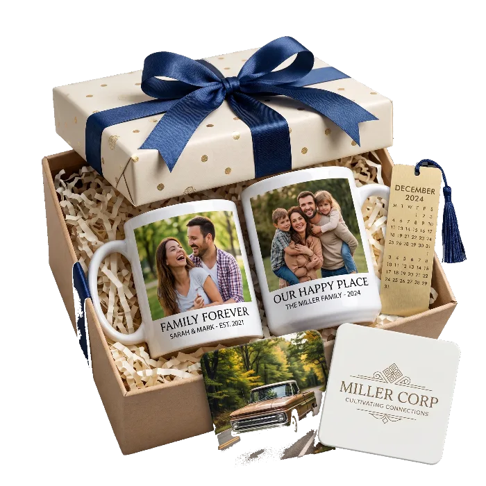 Gift box with photo mugs and a coaster