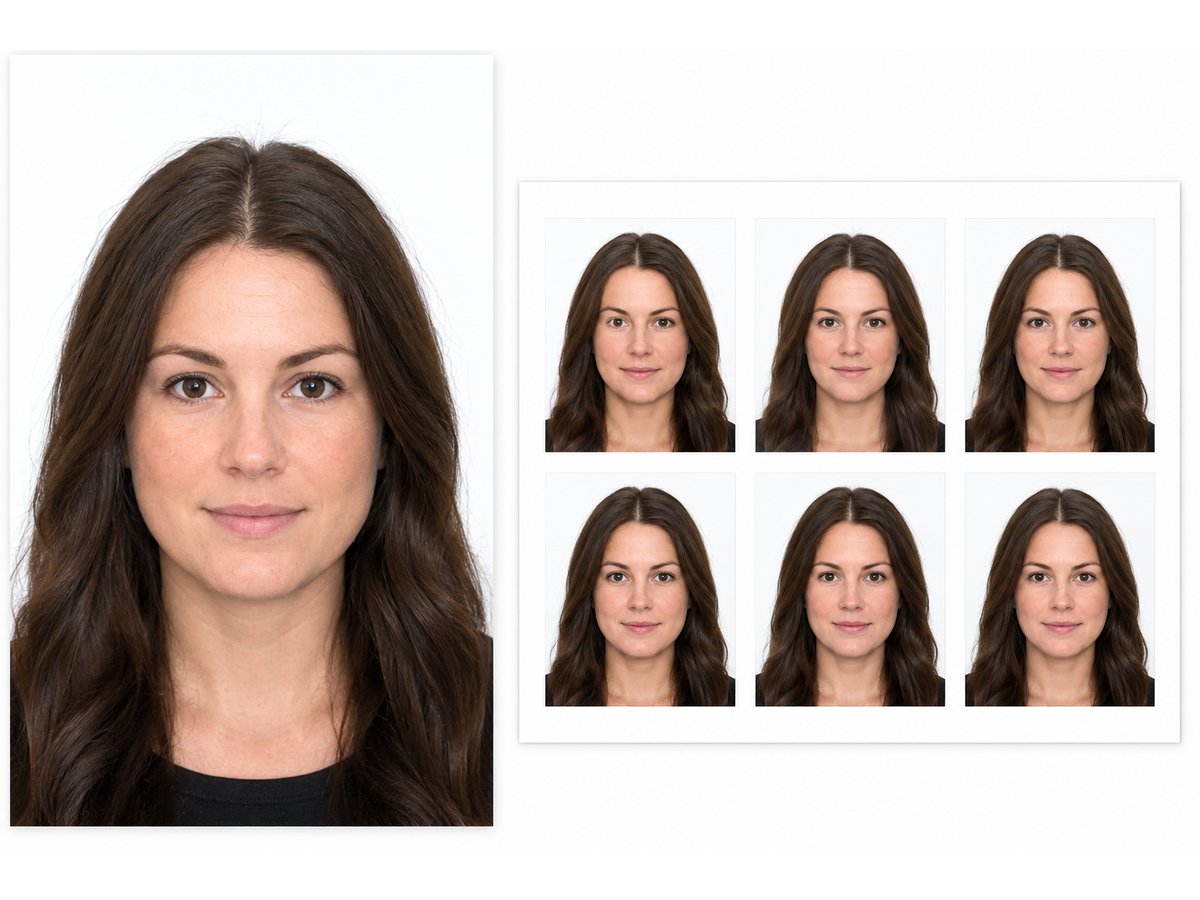 A passport portrait and a 4x6 sheet of six 2x2 passport photos